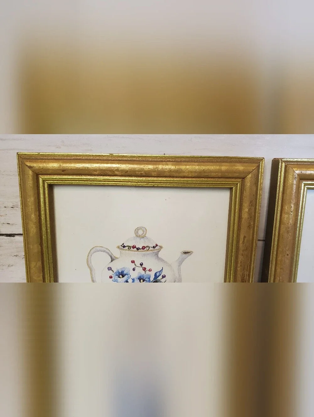 2 Jennie Lee Framed Teapot & Teacup Prints Gold Frames Cottagecore Grandmacore